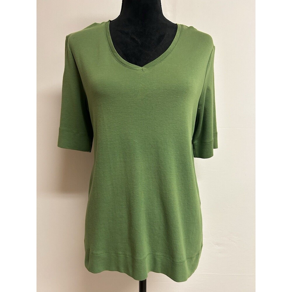 Chicos Sz 2 Womens L Top 100% Pima Cotton Green V Neck Short Sleeve